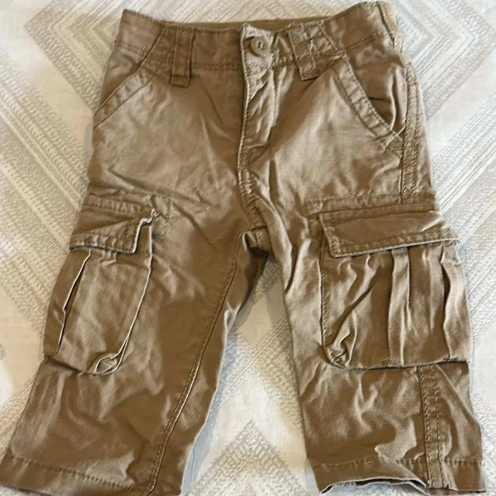Baby Boys Blue Striped Button Down Shirt + Tan Cargo Pants: Size 3-6 Months